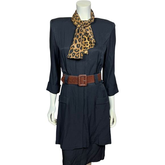 Vintage Studio I Navy Dress with Leopard Scarf & Brown Belt - 80s Size 10 - Picture 2 of 11
